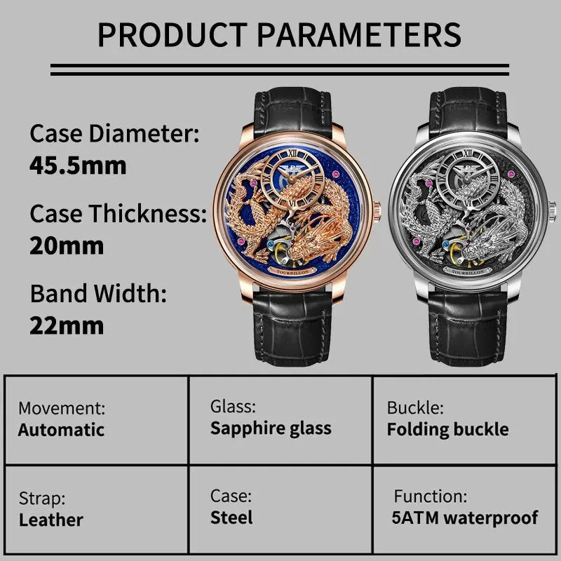 PINDU P6632 dragon dial automatic watch product specifications 45.5mm sapphire crystal 5ATM waterproof leather strap