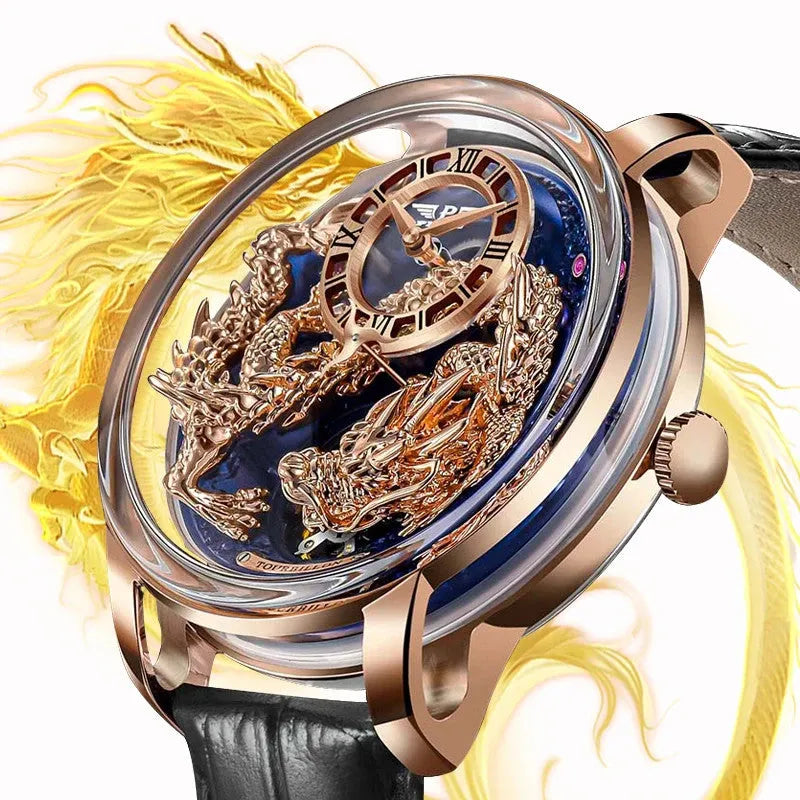 PINDU P6632 golden dragon dial rose gold case black leather strap automatic tourbillon watch dragon art lifestyle shot