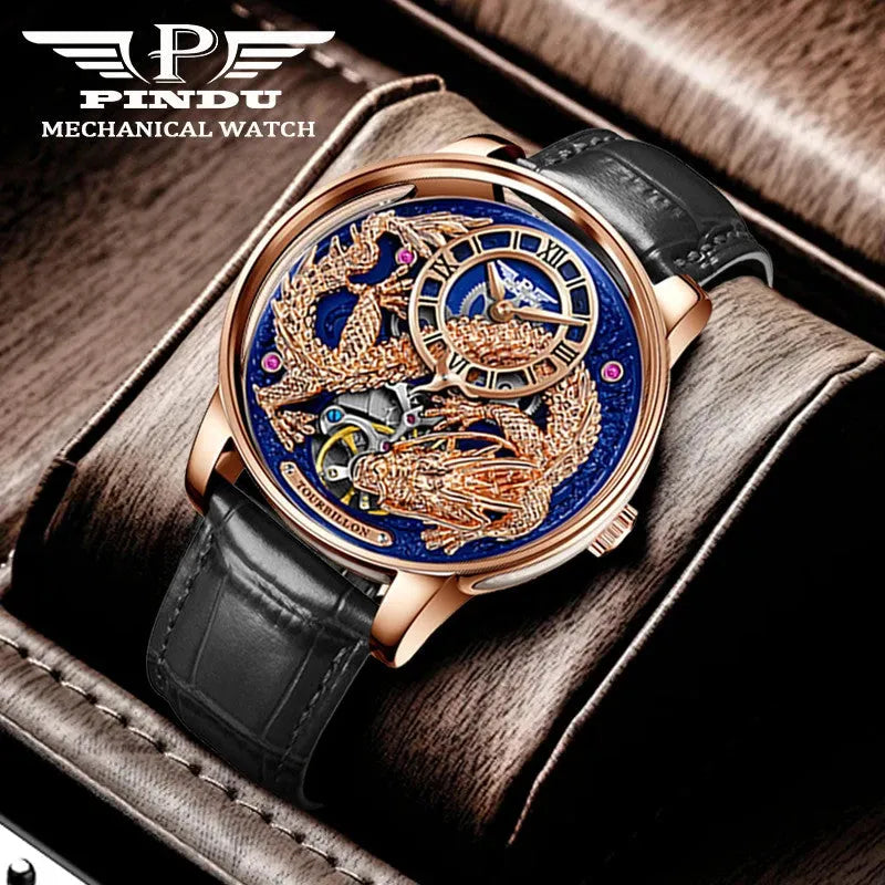 PINDU P6632 golden dragon dial rose gold case black leather strap automatic tourbillon watch in luxury box lifestyle