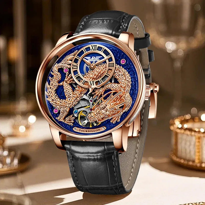 PINDU P6632 golden dragon dial rose gold case black leather strap men's automatic tourbillon watch luxury table lifestyle