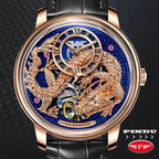 PINDU P6632 golden dragon dial rose gold case blue dial black leather strap automatic tourbillon watch close-up lifestyle