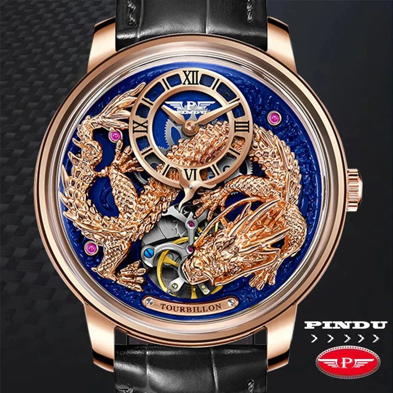 PINDU P6632 golden dragon dial rose gold case blue dial black leather strap automatic tourbillon watch close-up lifestyle