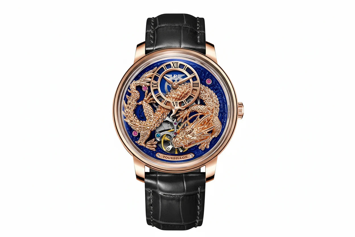 PINDU P6632 golden dragon dial rose gold case blue glitter dial black leather strap men's automatic tourbillon watch front view