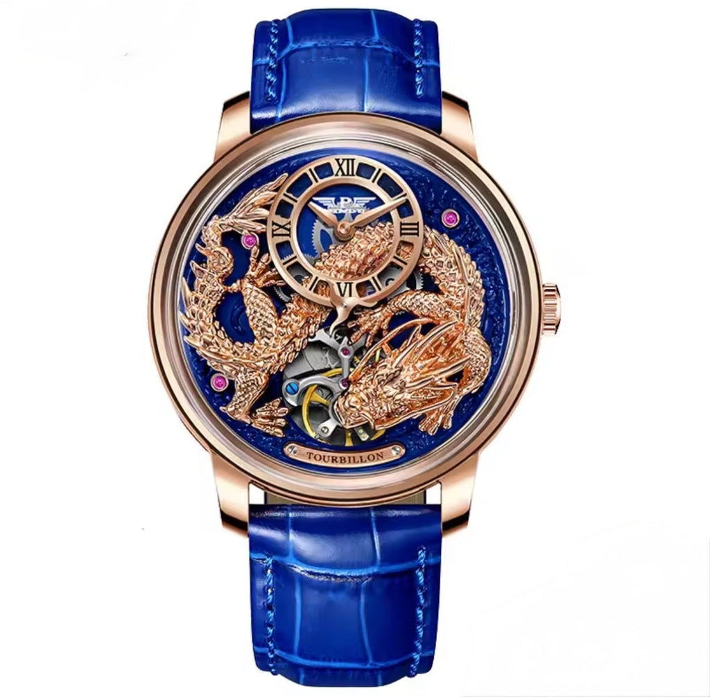 PINDU P6632 golden dragon dial rose gold case blue dial blue leather strap men's automatic tourbillon watch front view