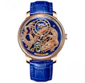 PINDU P6632 golden dragon dial rose gold case blue dial blue leather strap men's automatic tourbillon watch front view