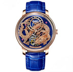 PINDU P6632 golden dragon dial rose gold case blue dial blue leather strap men's automatic tourbillon watch front view