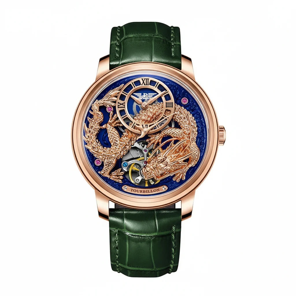 PINDU P6632 golden dragon dial rose gold case blue glitter dial green leather strap men's automatic tourbillon watch front view