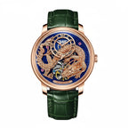 PINDU P6632 golden dragon dial rose gold case blue glitter dial green leather strap men's automatic tourbillon watch front view