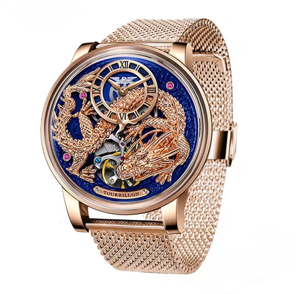 PINDU P6632 golden dragon dial rose gold case blue dial rose gold mesh bracelet men's automatic tourbillon watch