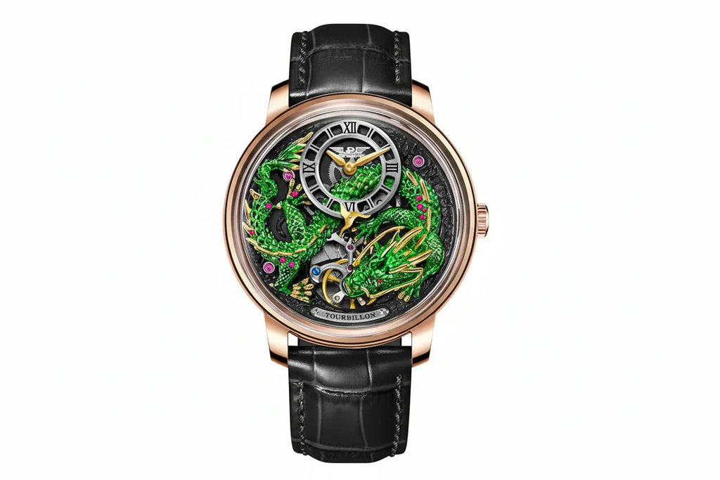 PINDU P6632 green dragon dial rose gold case dark skeleton dial black leather strap men's automatic tourbillon watch front view