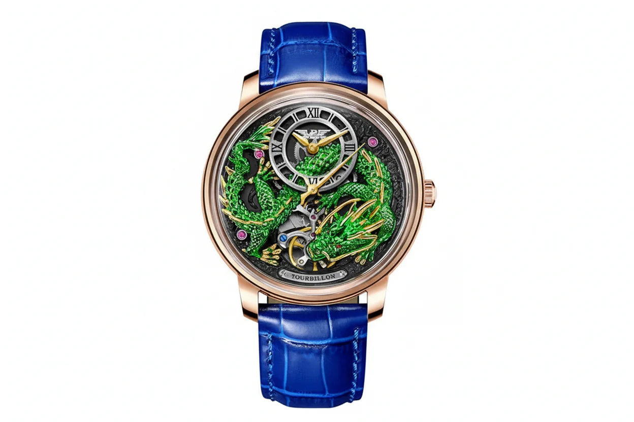 PINDU P6632 green dragon dial rose gold case dark skeleton dial blue leather strap men's automatic tourbillon watch front view
