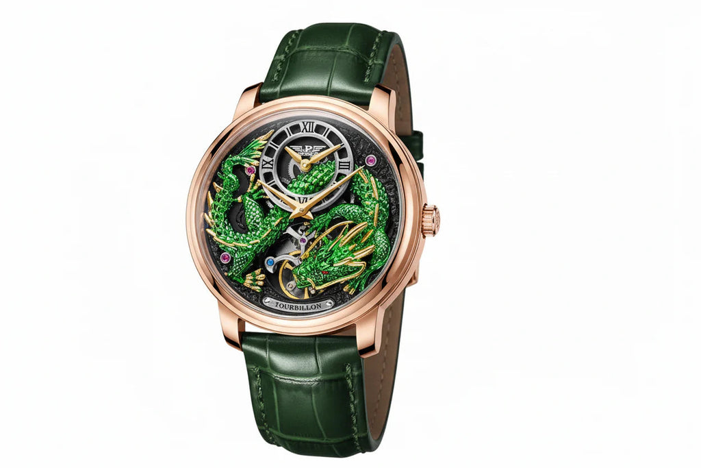 PINDU P6632 green dragon dial rose gold case dark skeleton dial green leather strap men's automatic tourbillon watch three-quarter view