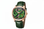 PINDU P6632 green dragon dial rose gold case dark skeleton dial green leather strap men's automatic tourbillon watch three-quarter view