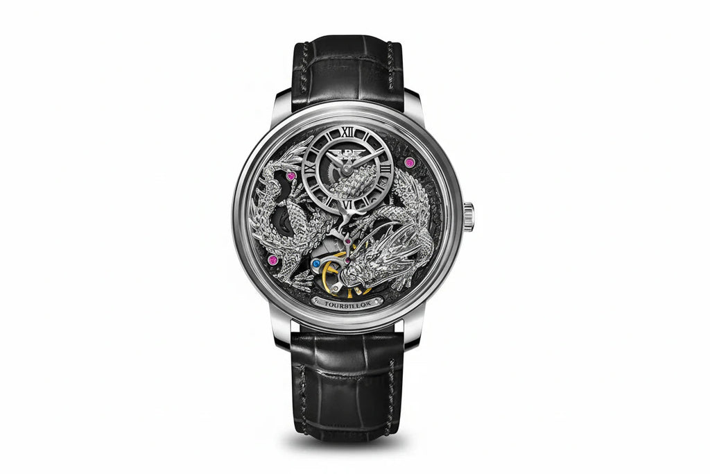 PINDU P6632 silver dragon dial silver steel case grey skeleton dial black leather strap men's automatic tourbillon watch front view
