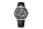PINDU P6632 silver dragon dial silver steel case grey skeleton dial black leather strap men's automatic tourbillon watch front view