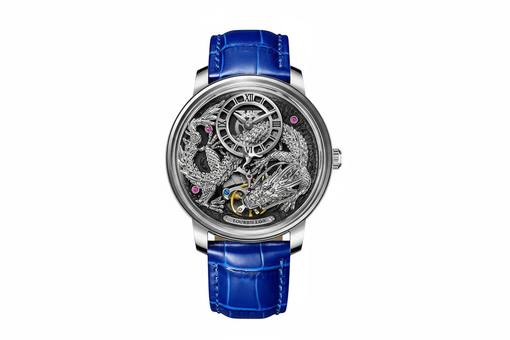 PINDU P6632 silver dragon dial silver steel case grey skeleton dial blue leather strap men's automatic tourbillon watch front view