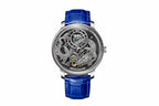 PINDU P6632 silver dragon dial silver steel case grey skeleton dial blue leather strap men's automatic tourbillon watch front view