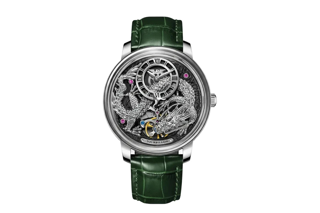 PINDU P6632 silver dragon dial silver steel case grey skeleton dial green leather strap men's automatic tourbillon watch front view