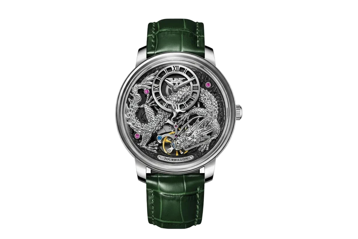 PINDU P6632 silver dragon dial silver steel case grey skeleton dial green leather strap men's automatic tourbillon watch front view