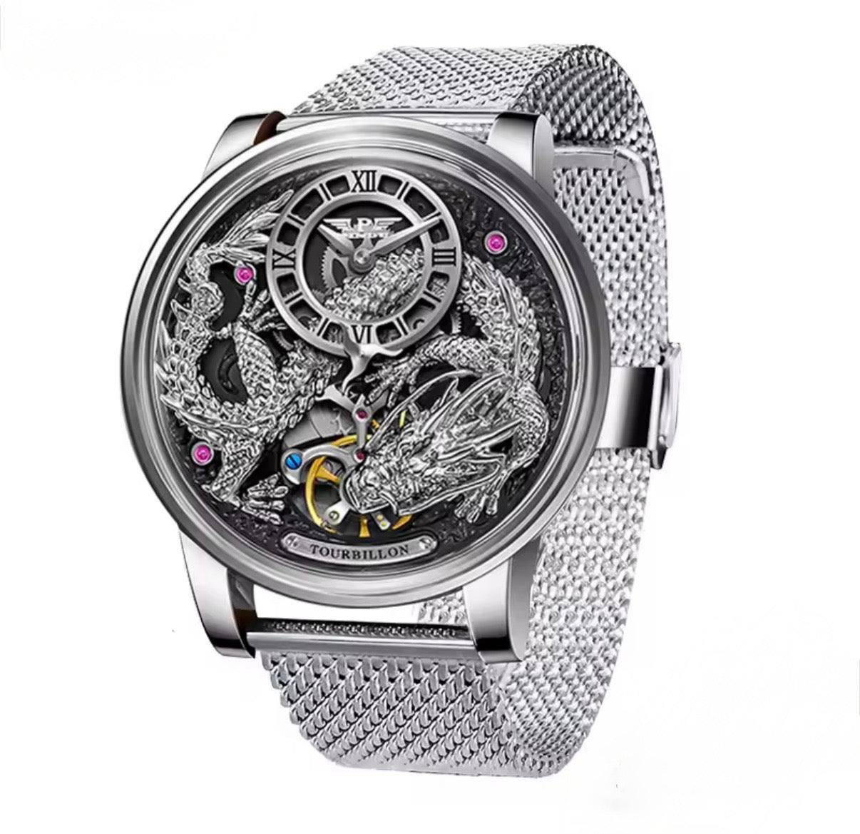 PINDU P6632 silver dragon dial silver steel case grey dial silver mesh bracelet men's automatic tourbillon watch angle view
