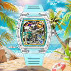 PINDU P6633 tonneau summer beach watch cyan silicone strap transparent case beach lifestyle shot palm trees ocean waves sand