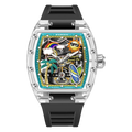 PINDU P6633 Tonneau Summer Beach colorful dial transparent K9 glass case black rubber strap automatic watch front view