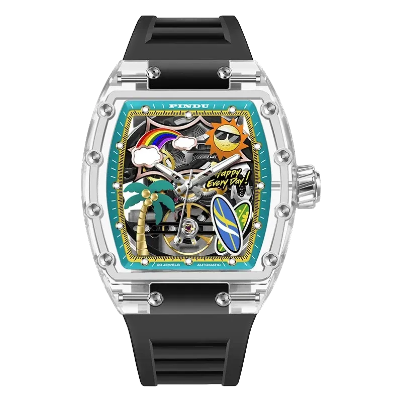 PINDU P6633 Tonneau Summer Beach colorful dial transparent K9 glass case black rubber strap automatic watch front view