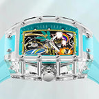 PINDU P6633 Tonneau Summer Beach dial transparent K9 glass case teal strap movement close-up detail