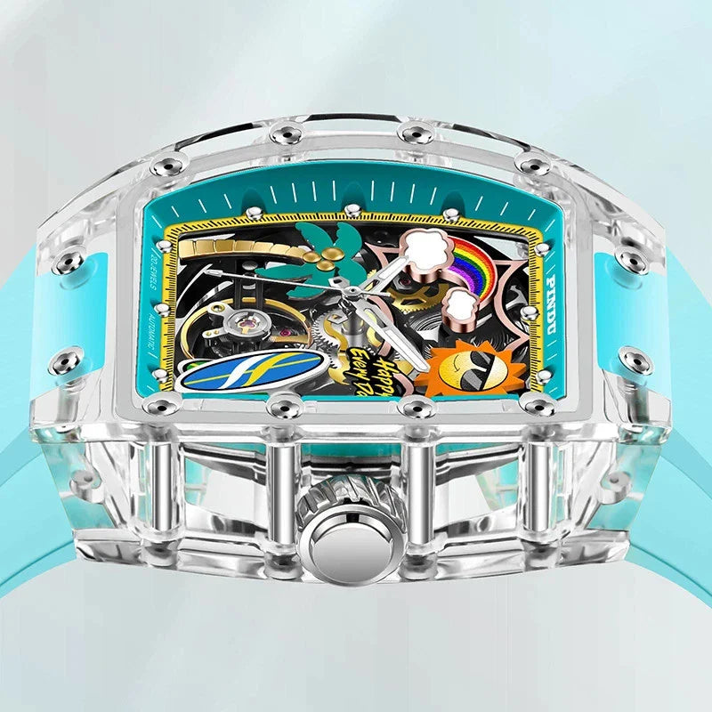PINDU P6633 Tonneau Summer Beach dial transparent K9 glass case teal strap movement close-up detail