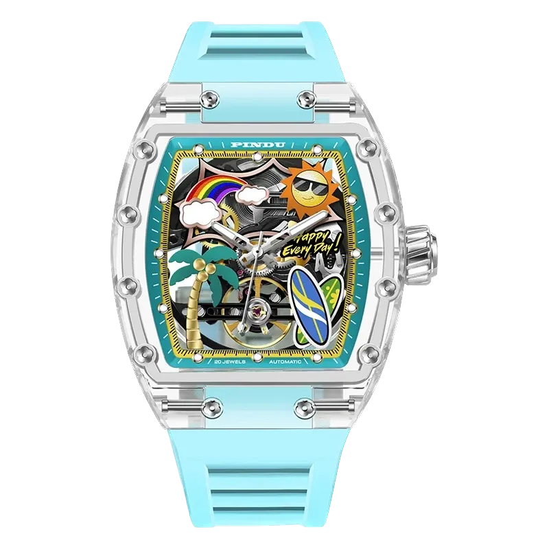 PINDU P6633 Tonneau Summer Beach colorful dial transparent K9 glass case teal rubber strap automatic watch front view