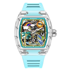 PINDU P6633 Tonneau Summer Beach colorful dial transparent K9 glass case teal rubber strap automatic watch front view