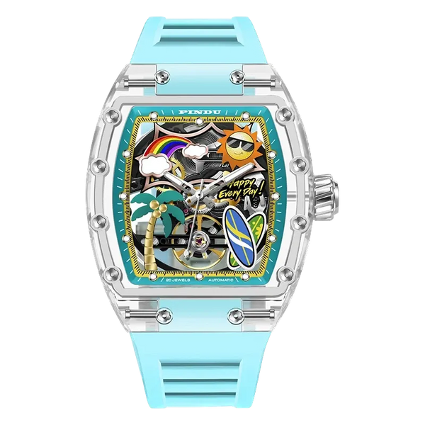 PINDU P6633 Tonneau Summer Beach colorful dial transparent K9 glass case teal rubber strap automatic watch front view