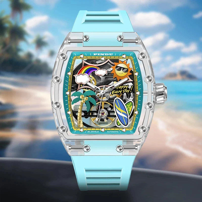 PINDU P6633 Tonneau Summer Beach colorful dial transparent case teal rubber strap automatic watch ocean lifestyle