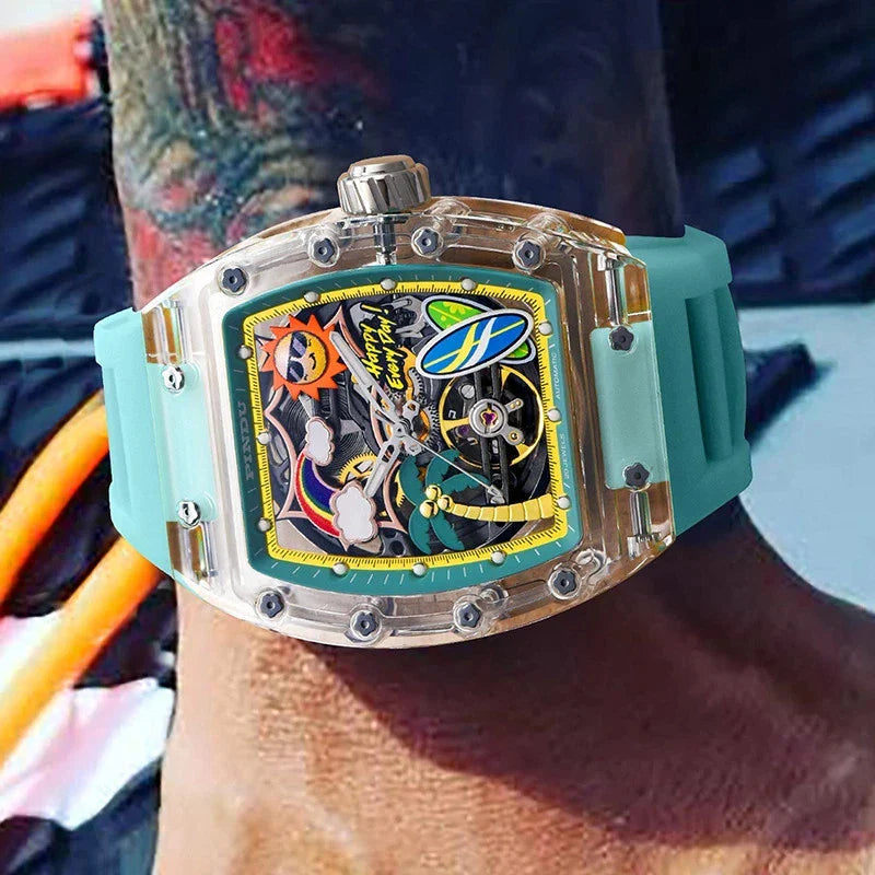 PINDU P6633 Tonneau Summer Beach colorful dial transparent case teal rubber strap automatic watch on wrist lifestyle