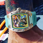 PINDU P6633 Tonneau Summer Beach colorful dial transparent case teal rubber strap automatic watch on wrist lifestyle