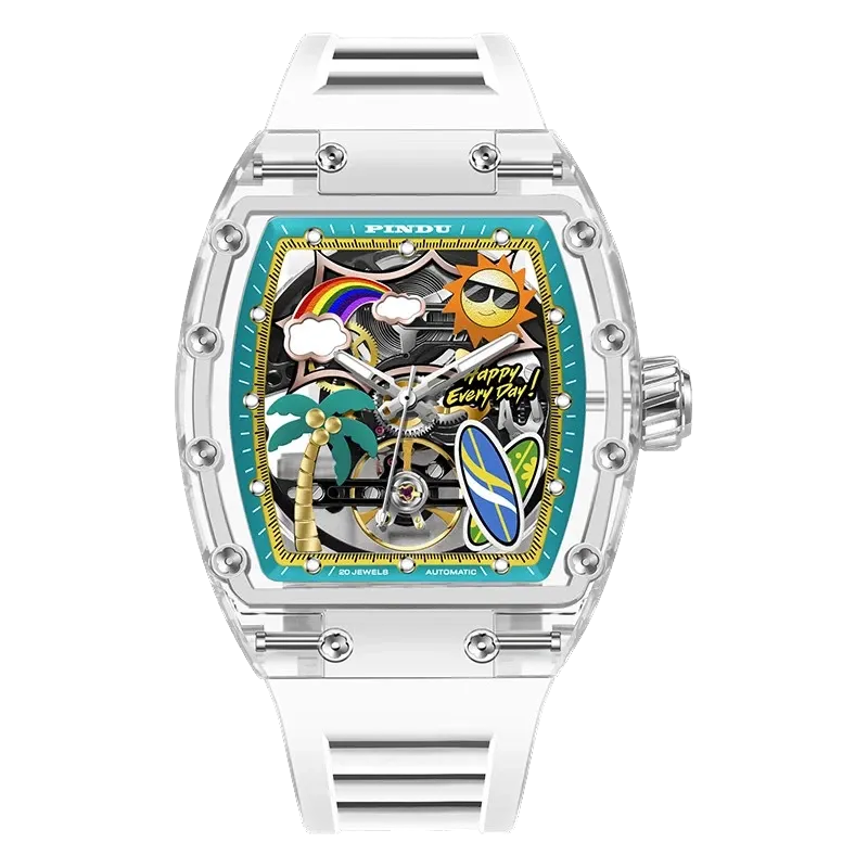 PINDU P6633 Tonneau Summer Beach colorful dial transparent K9 glass case white rubber strap automatic watch front view