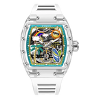 PINDU P6633 Tonneau Summer Beach colorful dial transparent K9 glass case white rubber strap automatic watch front view