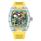 PINDU P6633 Tonneau Summer Beach colorful dial transparent K9 glass case yellow rubber strap automatic watch front view
