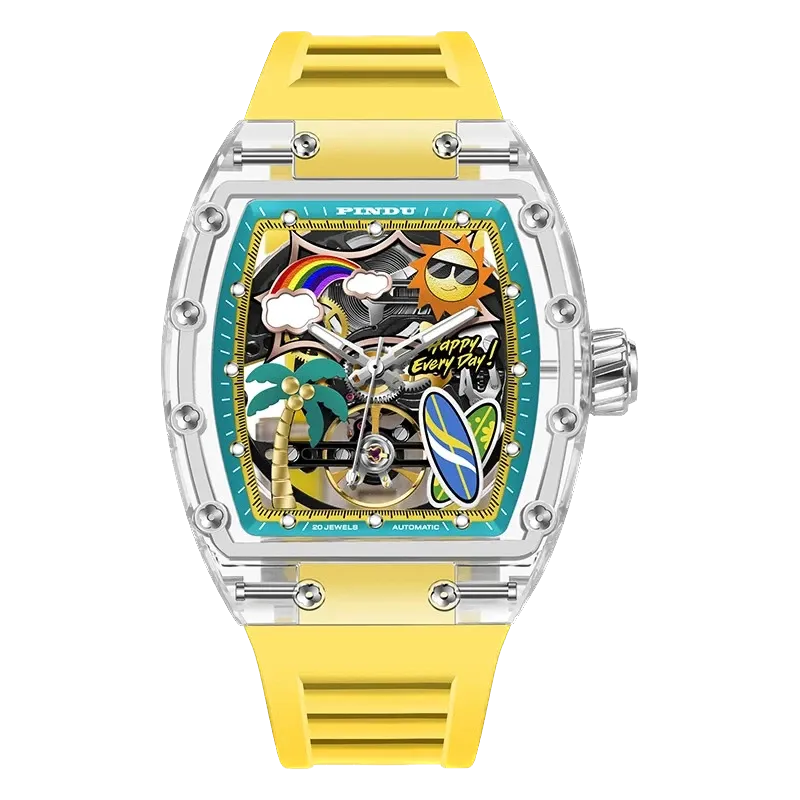 PINDU P6633 Tonneau Summer Beach colorful dial transparent K9 glass case yellow rubber strap automatic watch front view