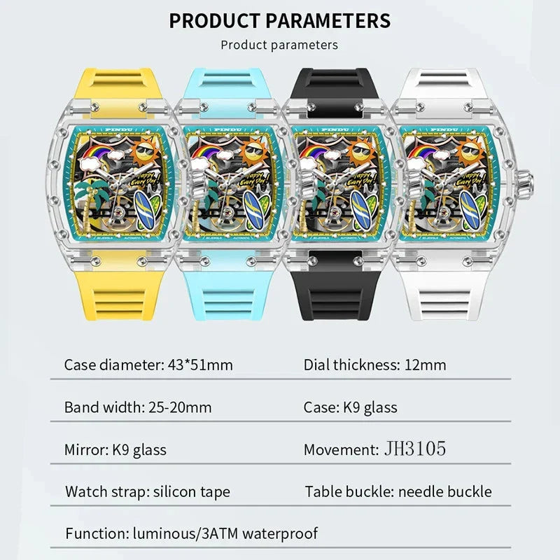 PINDU P6633 Tonneau Summer Beach watch product specifications 43x51mm K9 glass JH3105 movement 3ATM all colour variants