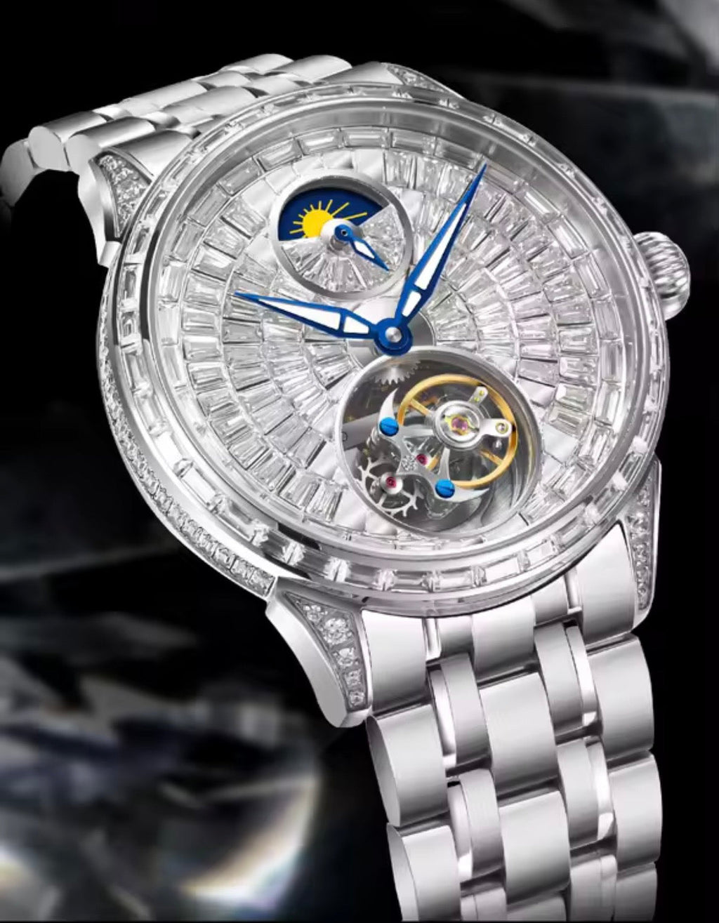PINDU P6637 automatic tourbillon skeleton watch silver case baguette crystal-set bezel blue steel hands caseback view