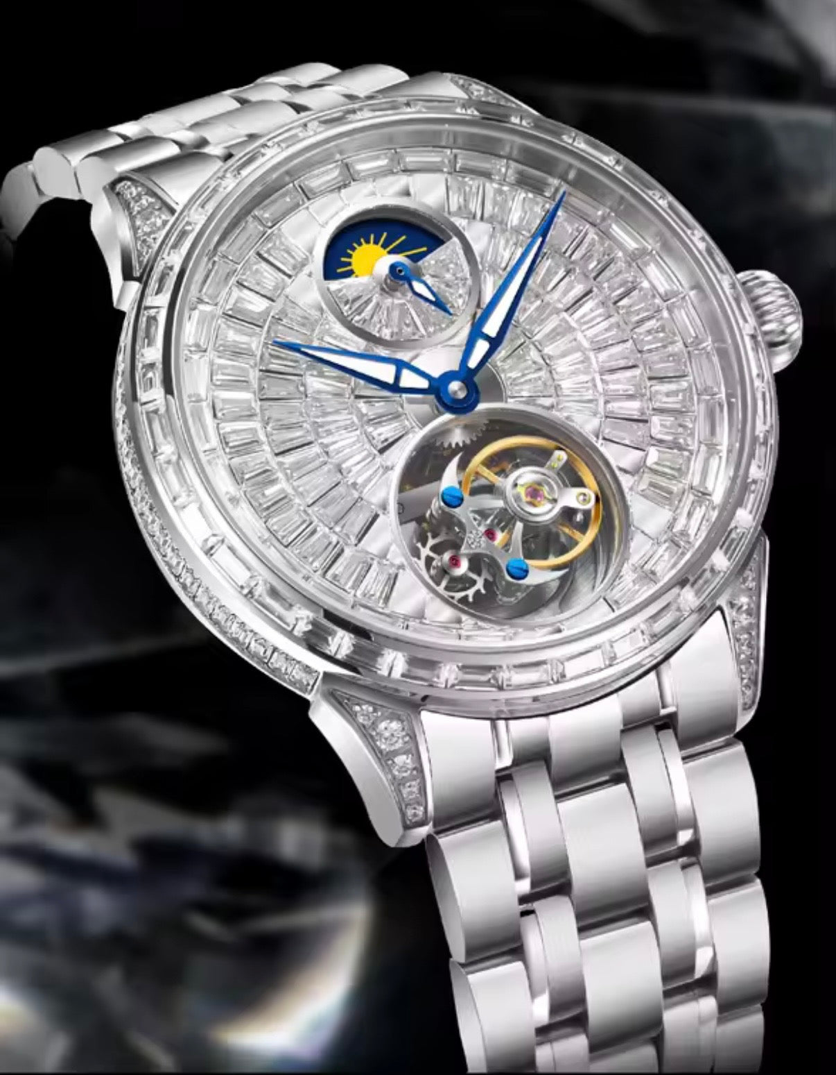 PINDU P6637 automatic tourbillon skeleton watch silver case baguette crystal-set bezel blue steel hands caseback view