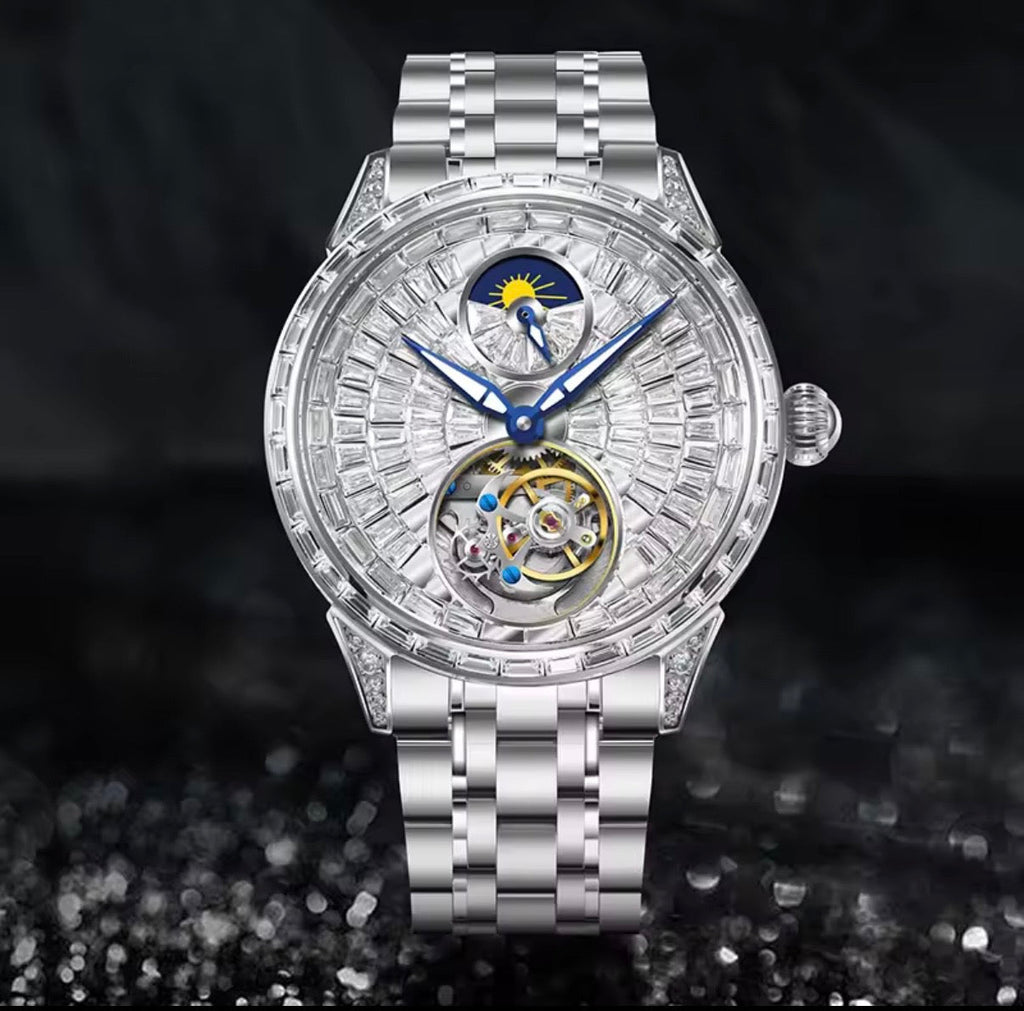 PINDU P6637 automatic tourbillon skeleton watch silver case baguette crystal dial moon phase dark background angle view