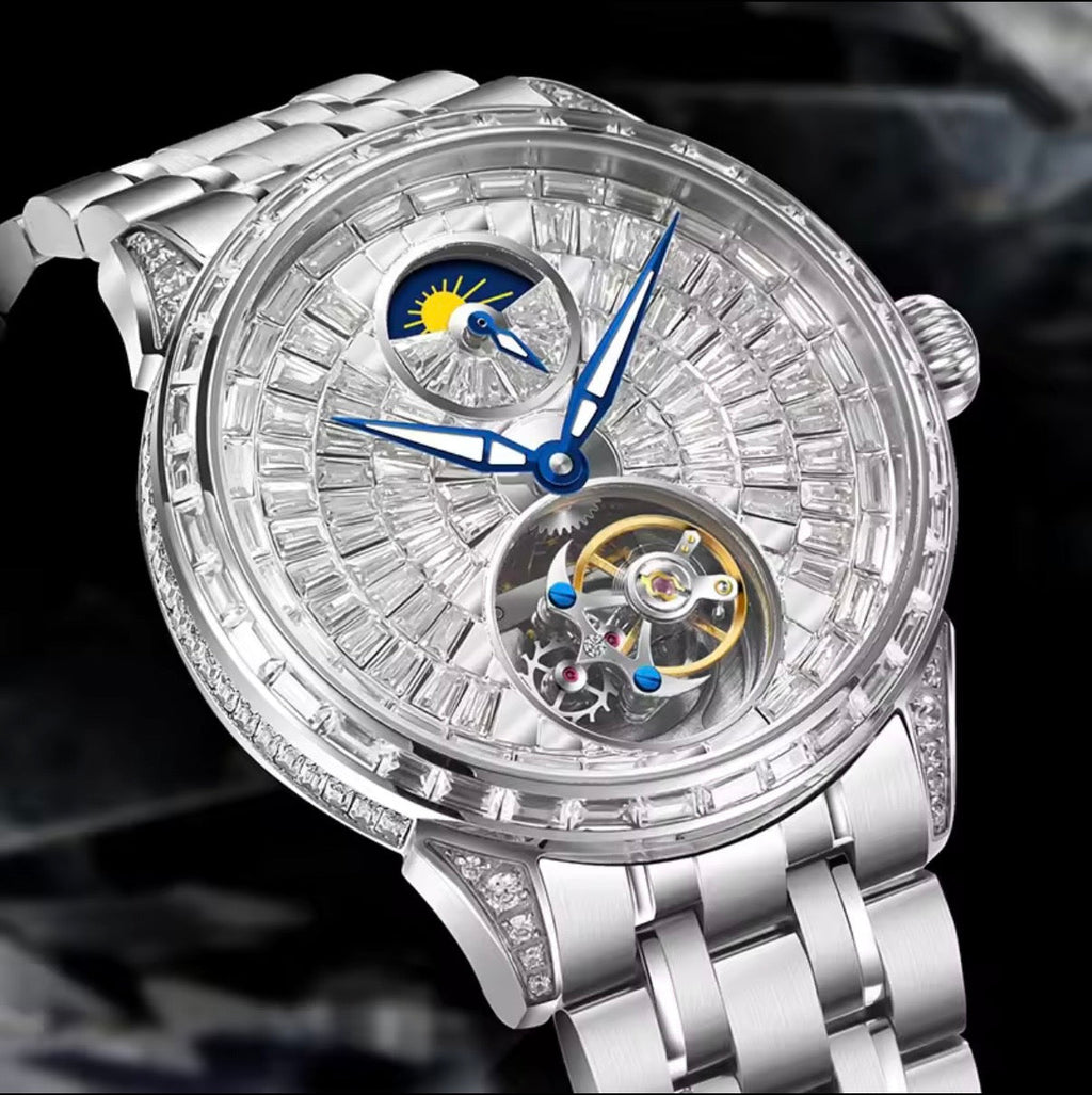 PINDU P6637 automatic tourbillon skeleton watch silver case baguette crystal dial moon phase steel bracelet front view