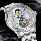 PINDU P6637 automatic tourbillon skeleton watch silver case baguette crystal dial moon phase steel bracelet front view