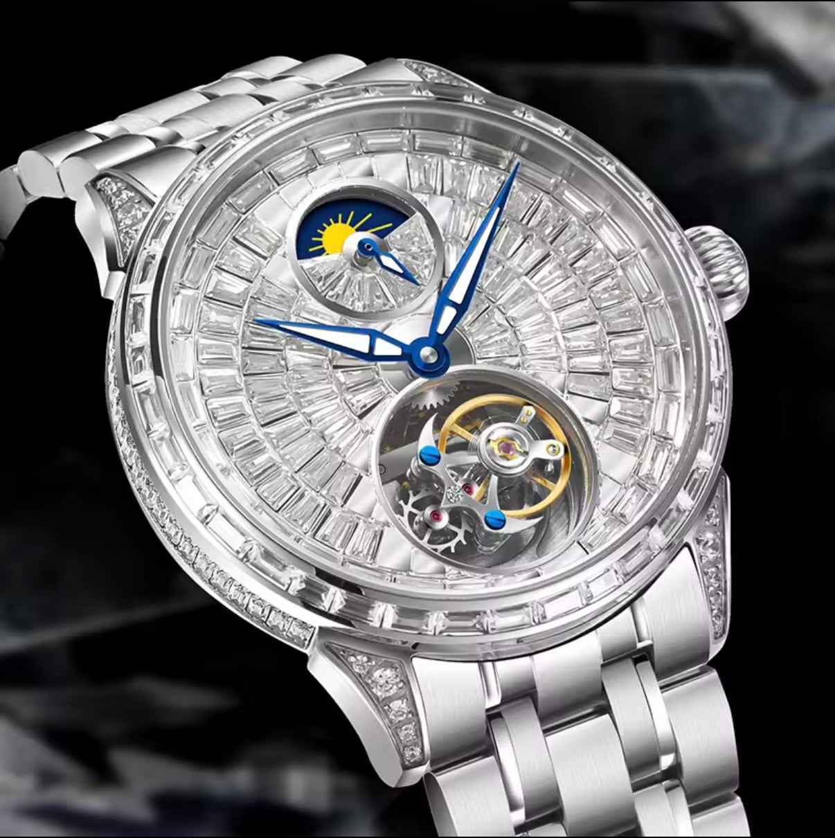 PINDU P6637 automatic tourbillon skeleton watch silver case baguette crystal dial moon phase steel bracelet front view