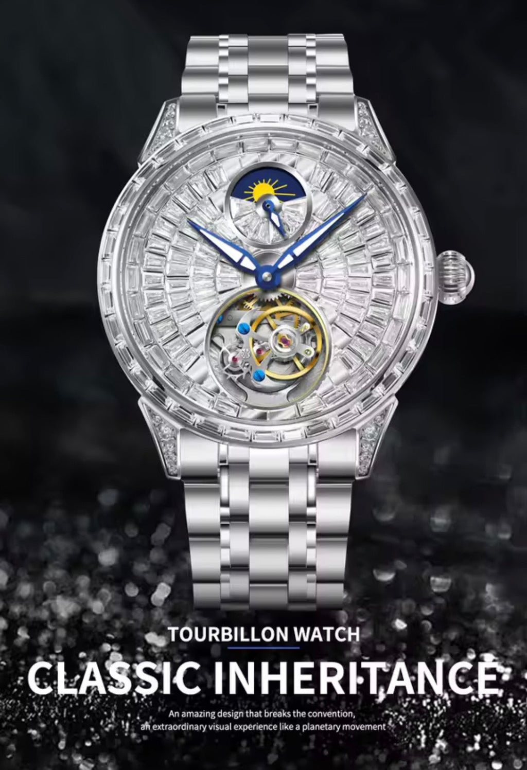 PINDU P6637 automatic tourbillon skeleton watch silver case baguette crystal dial moon phase blue hands side view