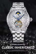 PINDU P6637 automatic tourbillon skeleton watch silver case baguette crystal dial moon phase blue hands side view
