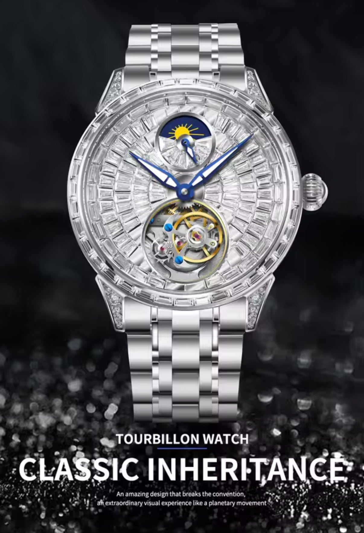 PINDU P6637 automatic tourbillon skeleton watch silver case baguette crystal dial moon phase blue hands side view