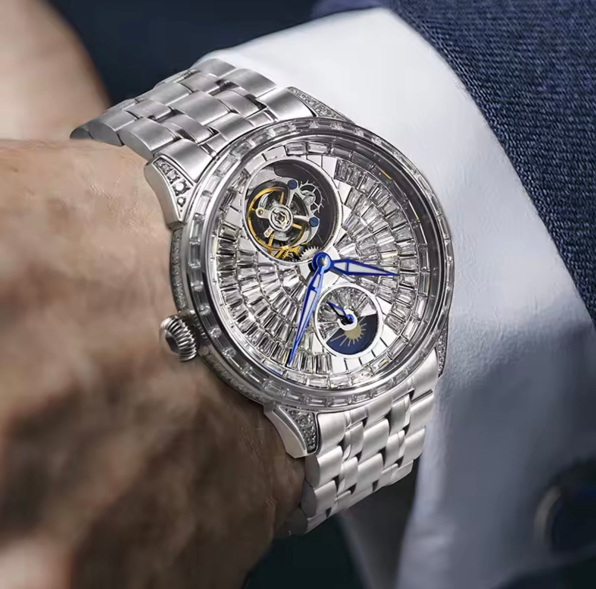 PINDU P6637 automatic tourbillon skeleton watch silver case baguette crystal dial blue hands steel bracelet wrist shot